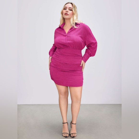 NWT Cider Fushcia Collar Ruched Mini Shirt Dress Curve & Plus - Picture 1 of 7